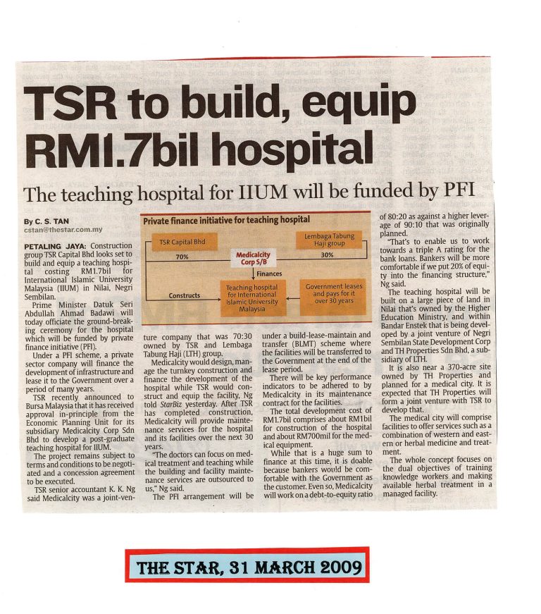 TSR TO BUILD, EQUIP RM1.7BIL HOSPITAL