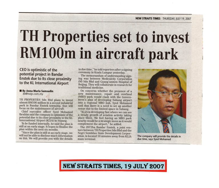 TH PROPERTIES SET TO INVEST RM100M IN AIRCRAFT PARK